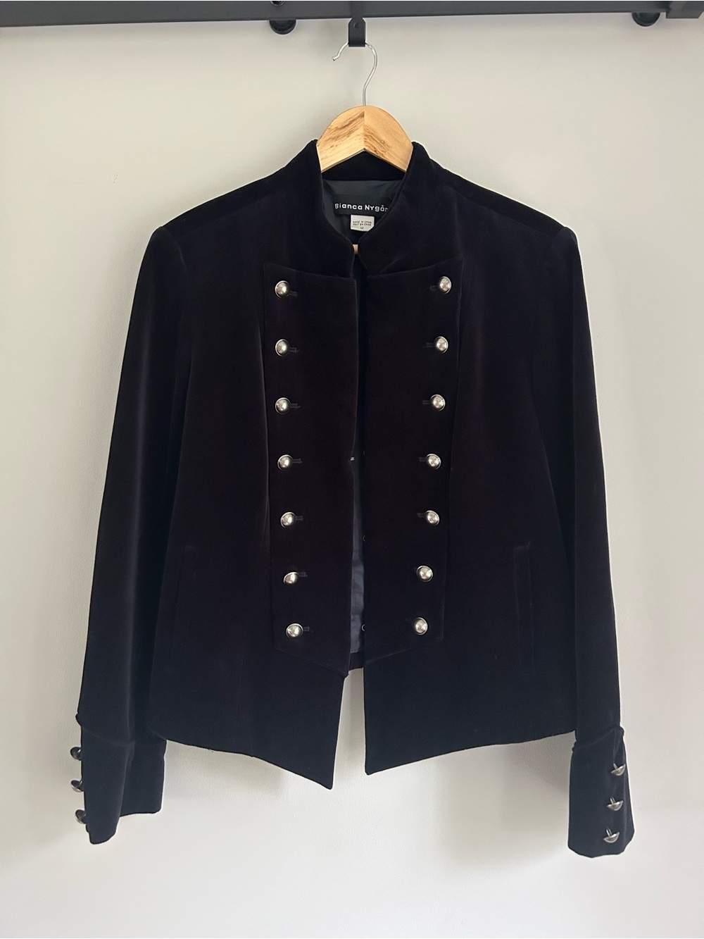 Vintage Velvet Double Breasted Mandarin Collar Military Style Blazer Coat Jacket